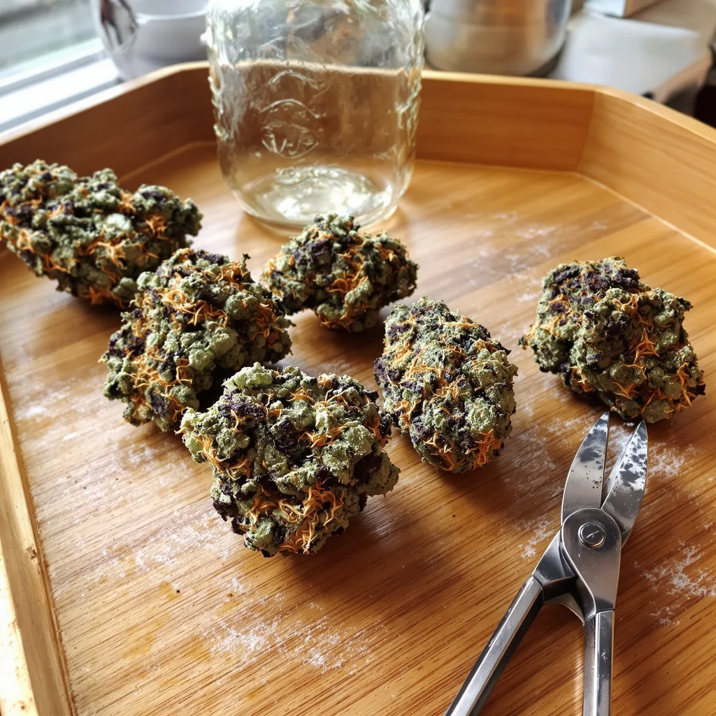 Blueberry Kush 80% indica / 20% sativa — flor con tricomas visibles