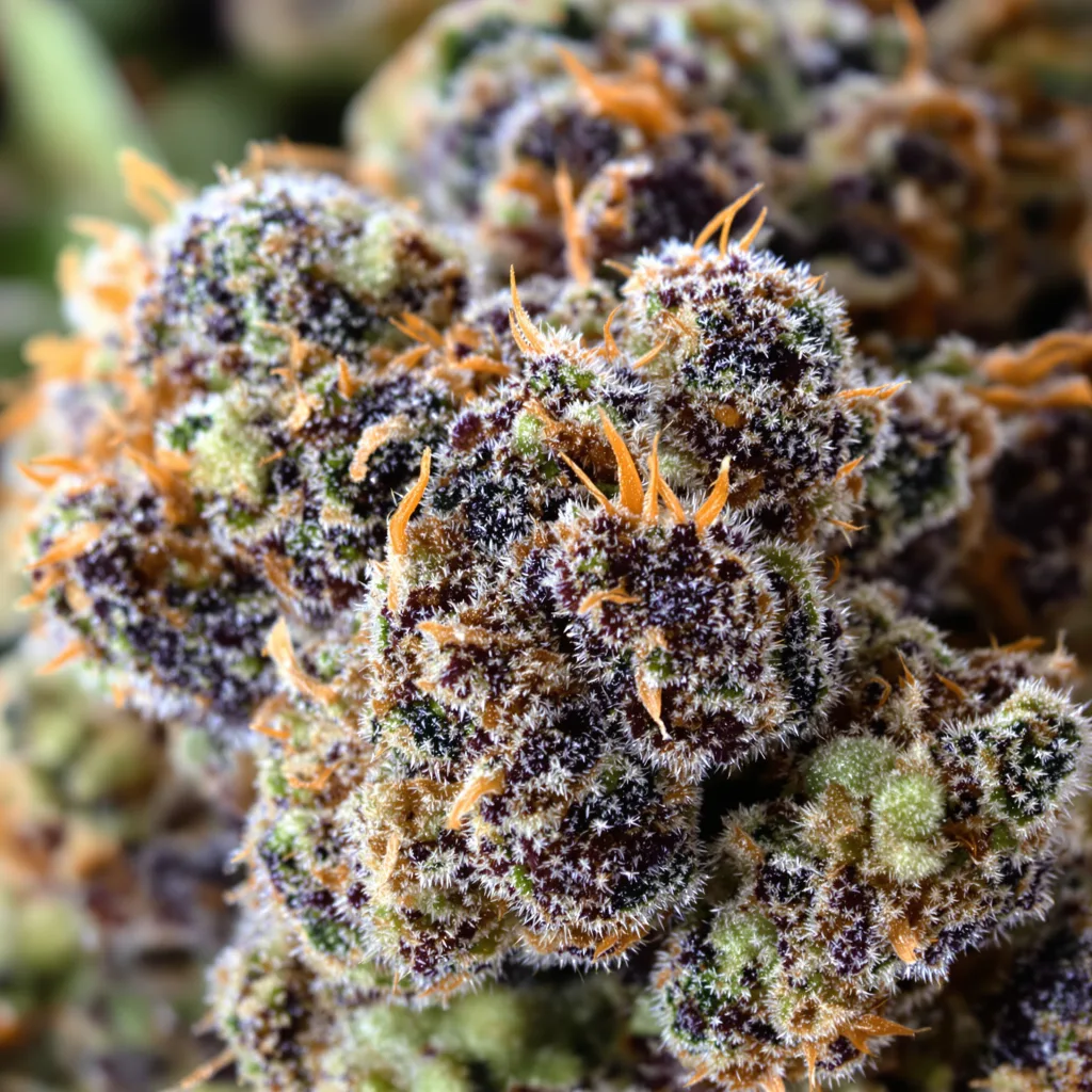 Primer plano de cogollo de cannabis Blueberry Kush mostrando cálices densos con tonos morados