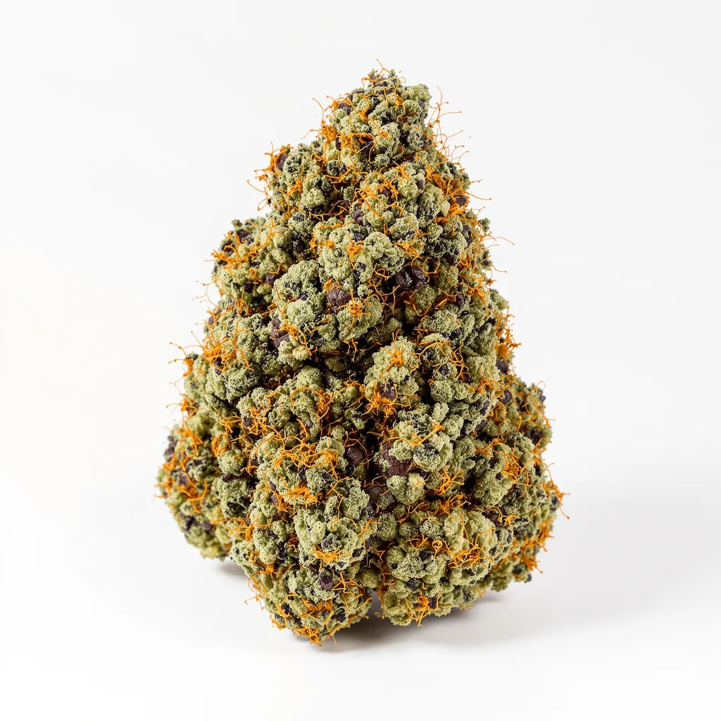 Blueberry Kush 80% indica / 20% sativa — flor con tricomas visibles
