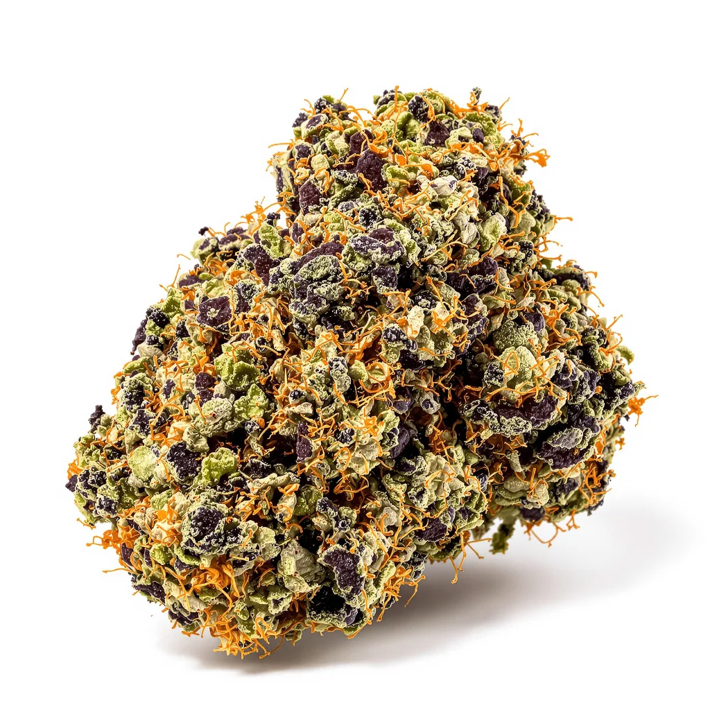 Blueberry Kush 80% indica / 20% sativa — flor con tricomas visibles