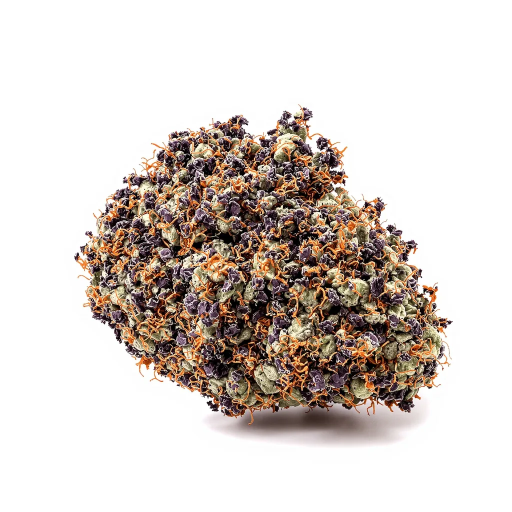 Blueberry Milk 89% indica / 11% sativa — flor con tricomas visibles