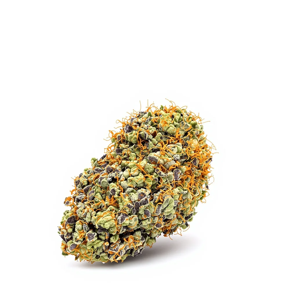 Blueberry Space Cake 87% indica / 13% sativa — flor con tricomas visibles