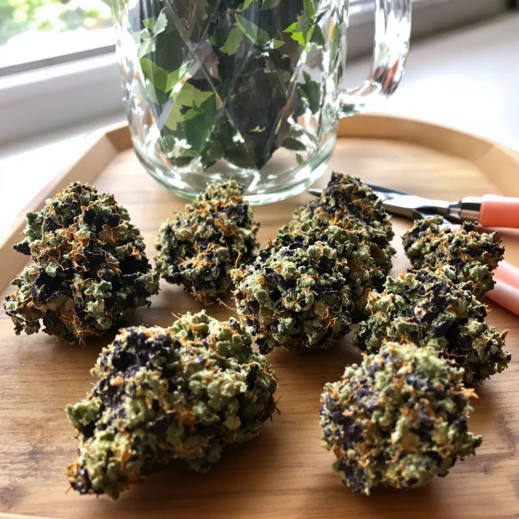 Blueberry Waltz 81% indica / 19% sativa — flor con tricomas visibles