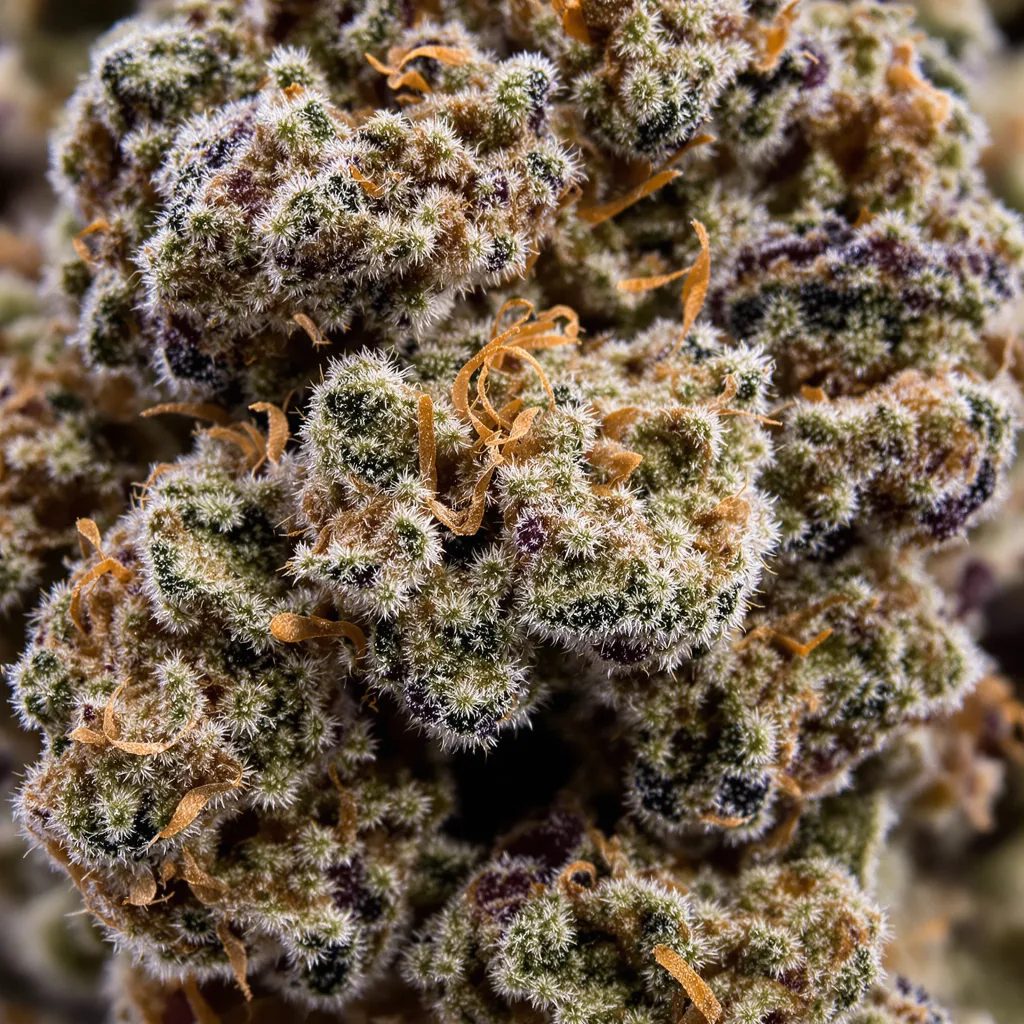 Primer plano de cogollo de cannabis Blueberry Waltz mostrando cálices densos con tonos morados