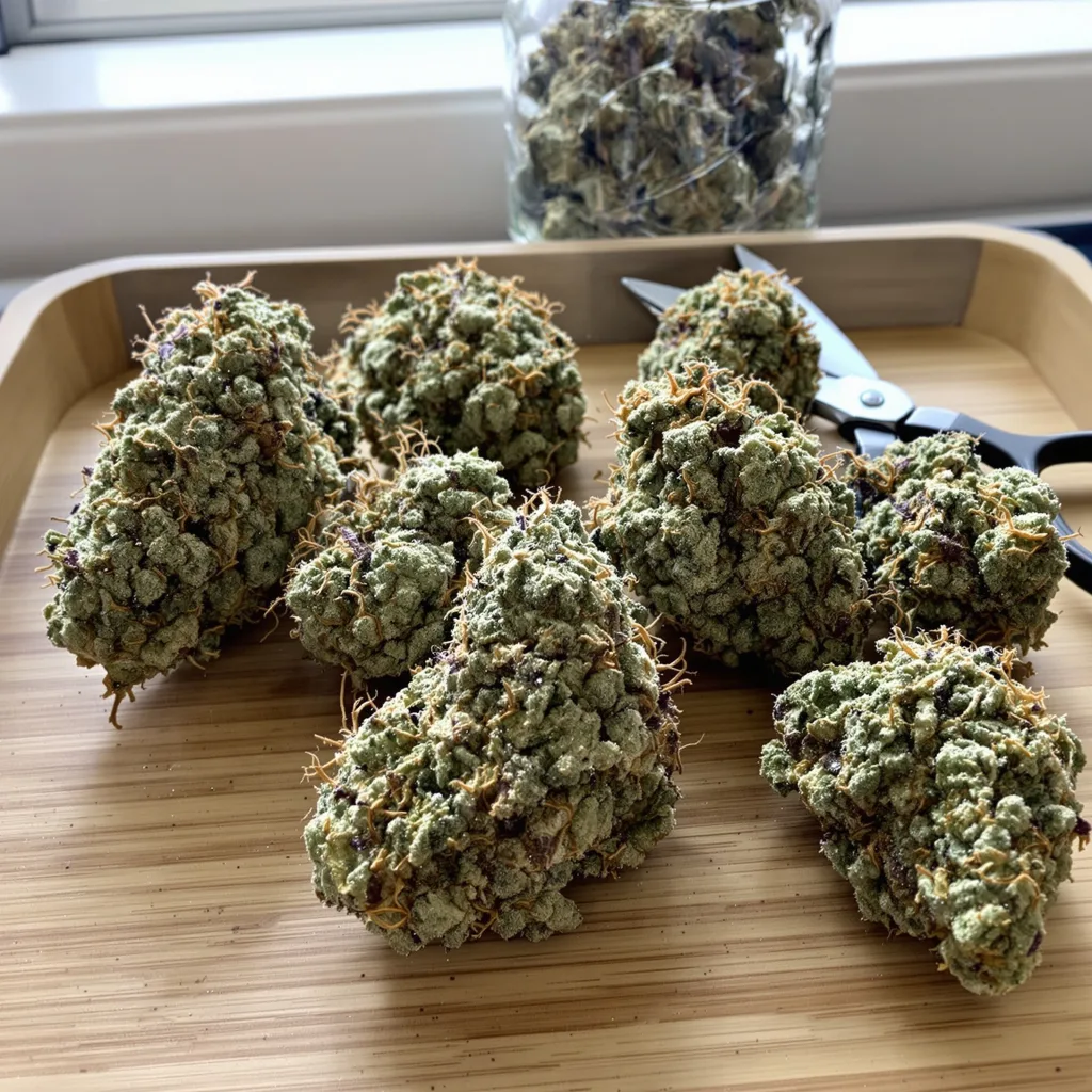 Blueberry Yum Yum 38% indica / 62% sativa — flor con tricomas visibles