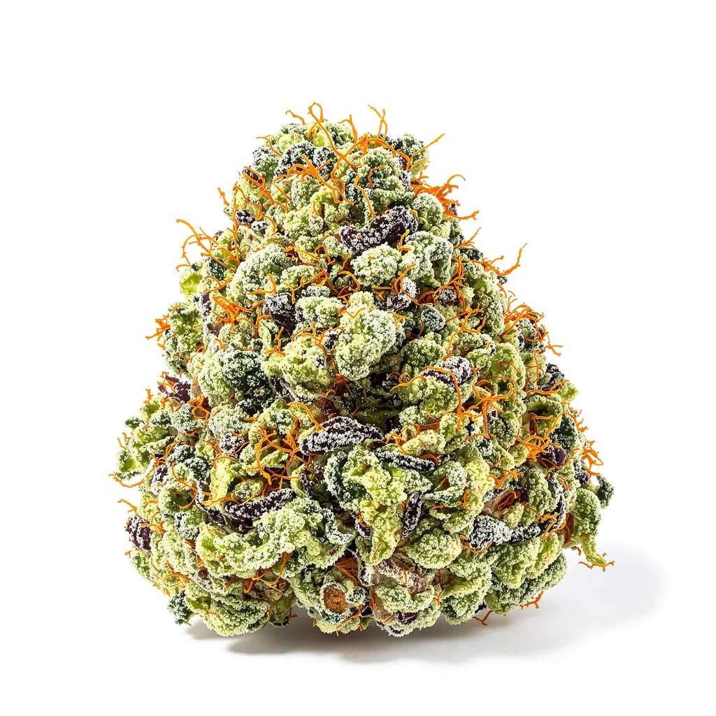 Blueberry Yum Yum 38% indica / 62% sativa — flor con tricomas visibles