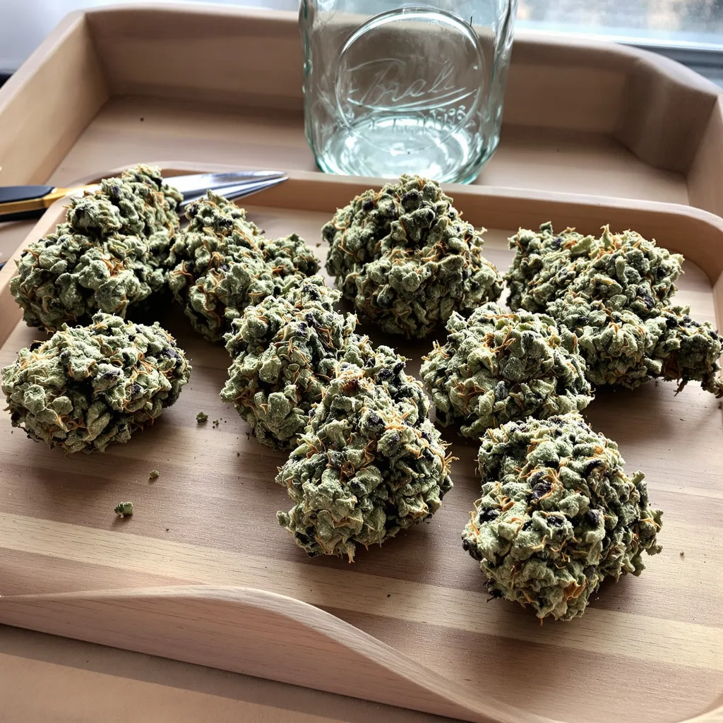 Bluniverse 43% indica / 57% sativa — flor con tricomas visibles