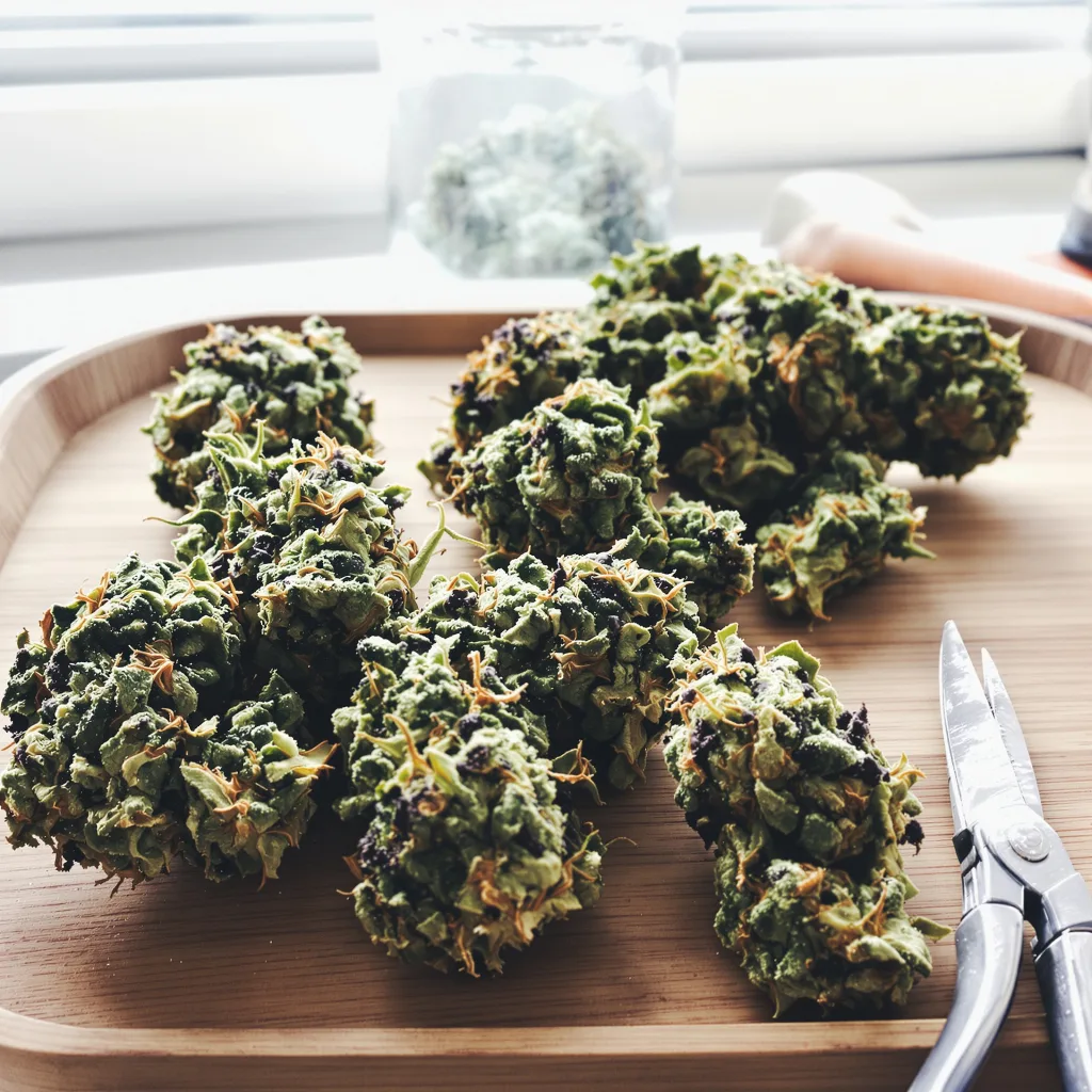 Bogart 41% indica / 59% sativa — flor con tricomas visibles