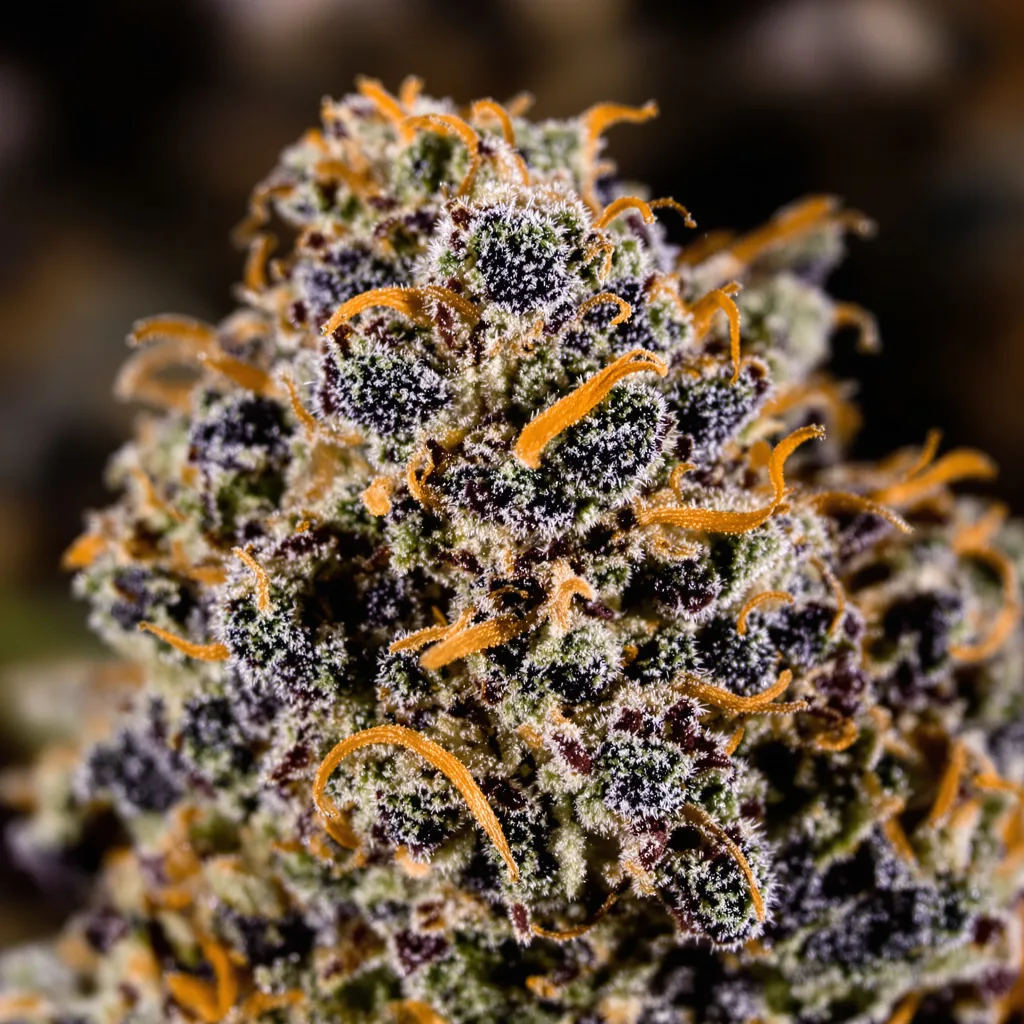 Primer plano de cogollo de cannabis Brains Damage mostrando cálices densos con tonos morados
