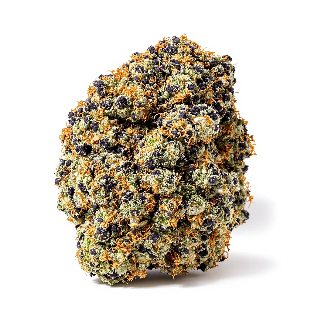 Brains Damage 66% indica / 34% sativa — flor con tricomas visibles