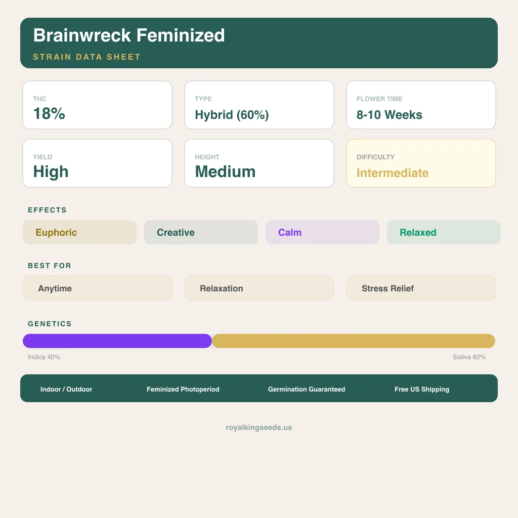Brainwreck 40% indica / 60% sativa — flor con tricomas visibles