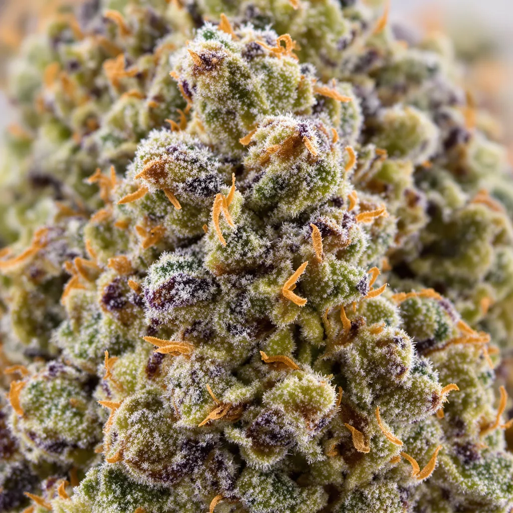 Primer plano de cogollo de cannabis Brainwreck mostrando estructura abierta con pistilos naranjas