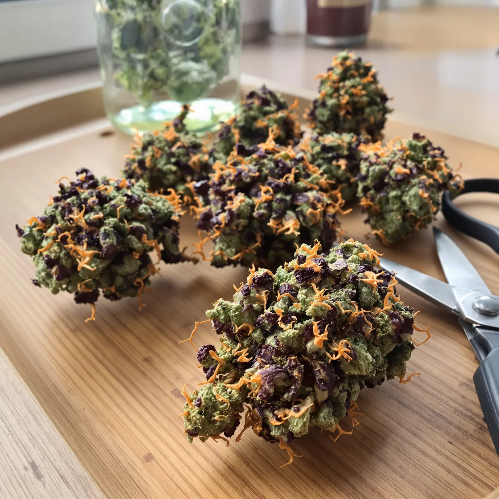 Brand X 74% indica / 26% sativa — flor con tricomas visibles