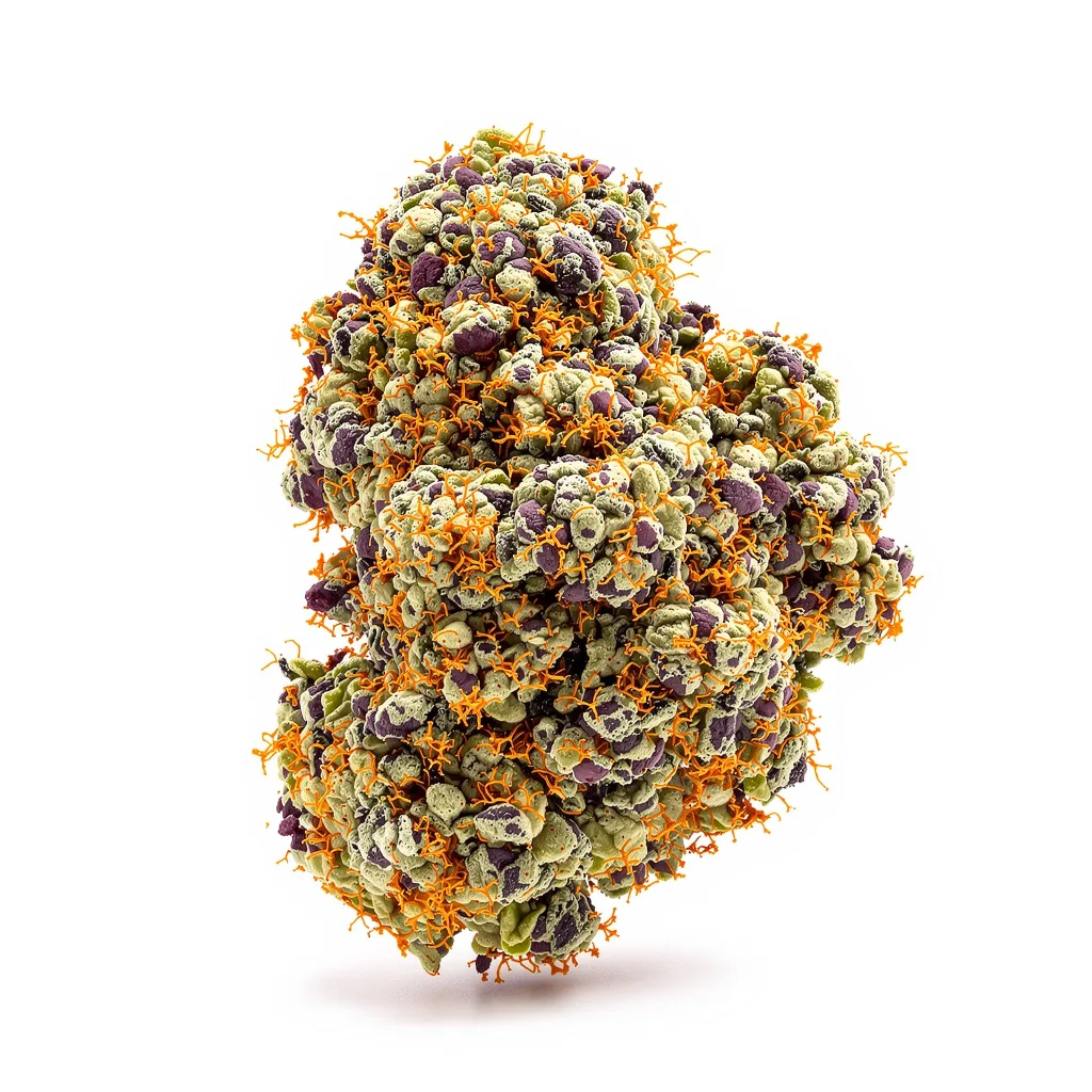 Brand X 74% indica / 26% sativa — flor con tricomas visibles