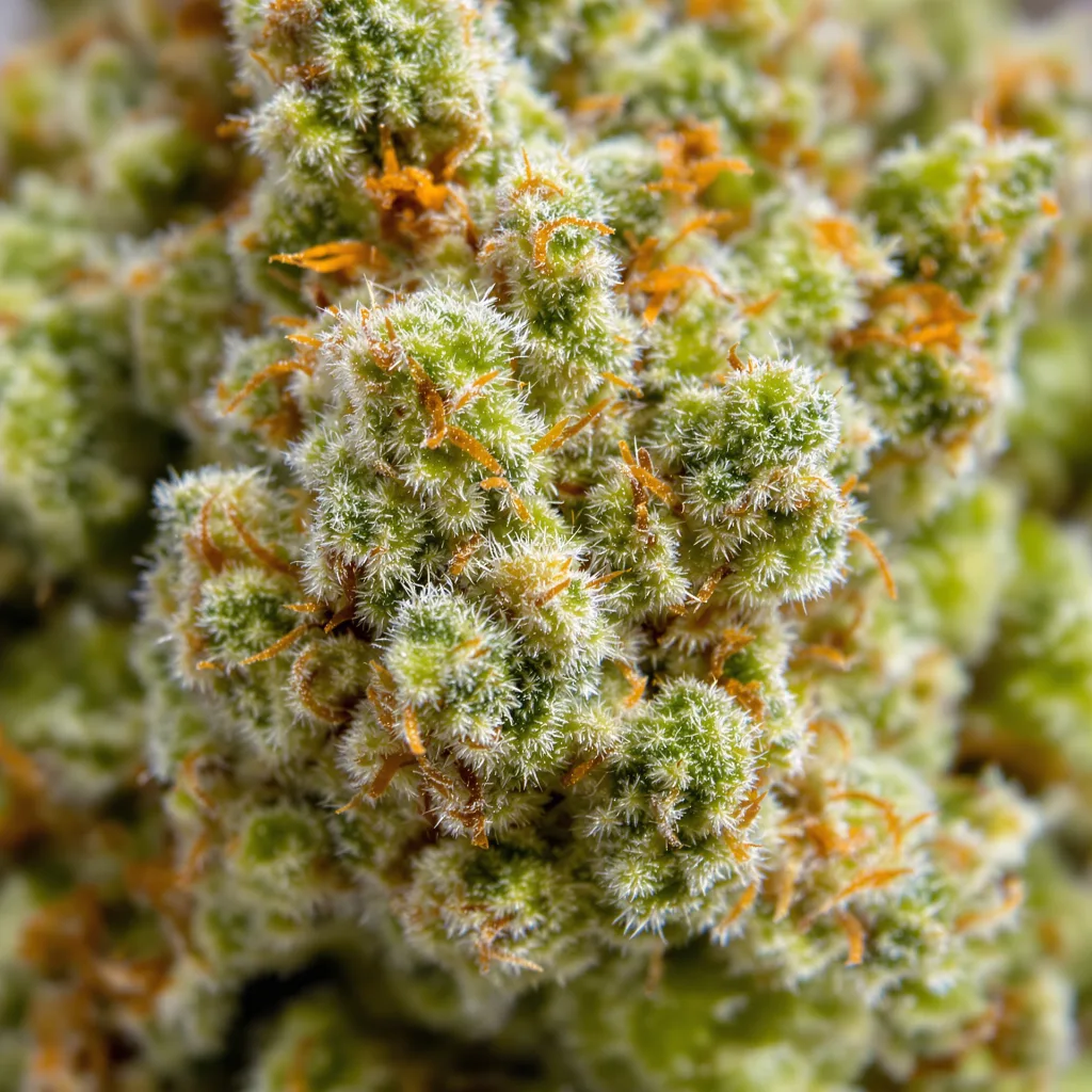 Primer plano de cogollo de cannabis Bruce Almighty mostrando estructura aireada verde lima