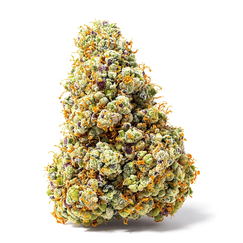 Bruce Banner 43% indica / 57% sativa — flor con tricomas visibles