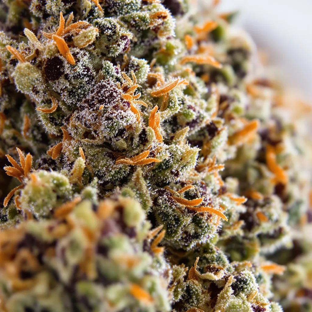 Primer plano de cogollo de cannabis Bubba Kush mostrando cálices densos con tonos morados