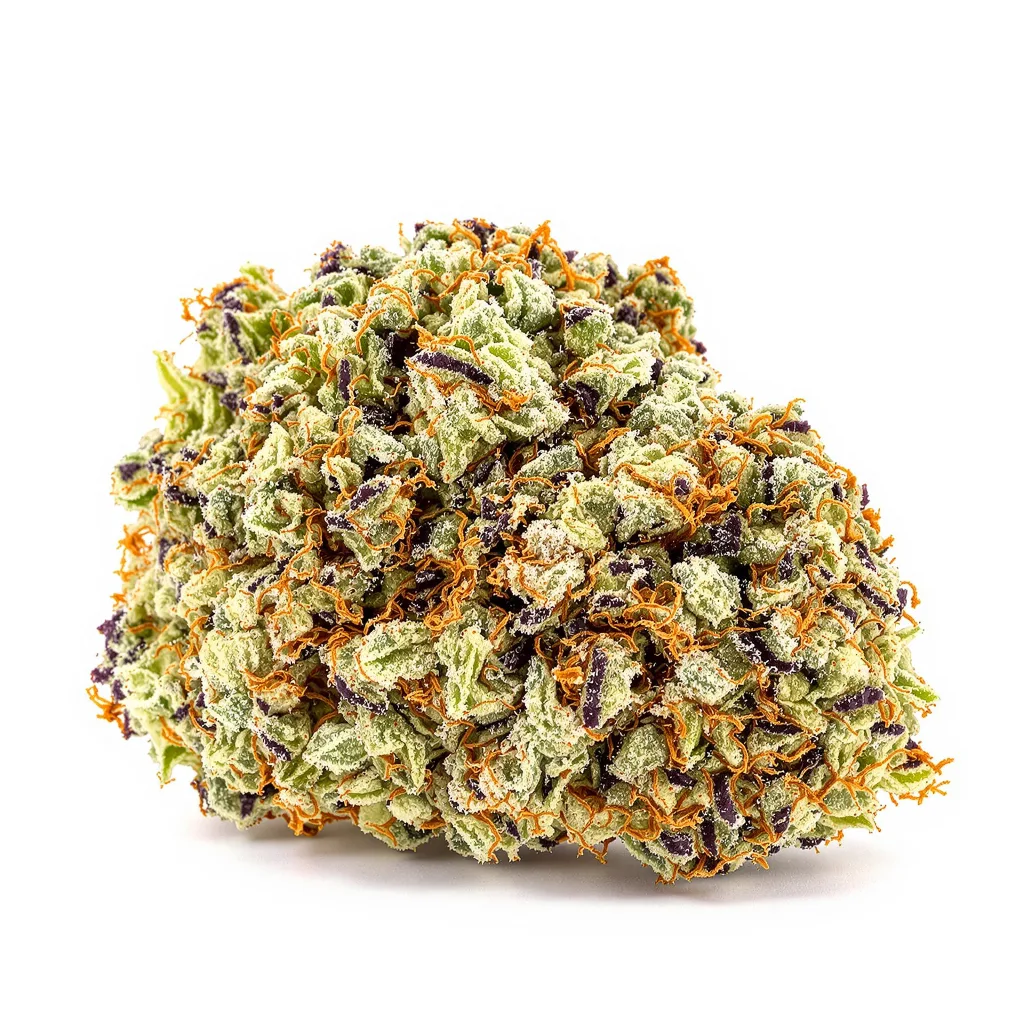 Bubba Tom Hayes 38% indica / 62% sativa — flor con tricomas visibles