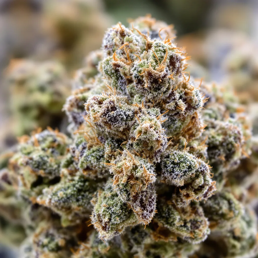 Primer plano de cogollo de cannabis Bubble Cheese mostrando cálices densos con tonos morados