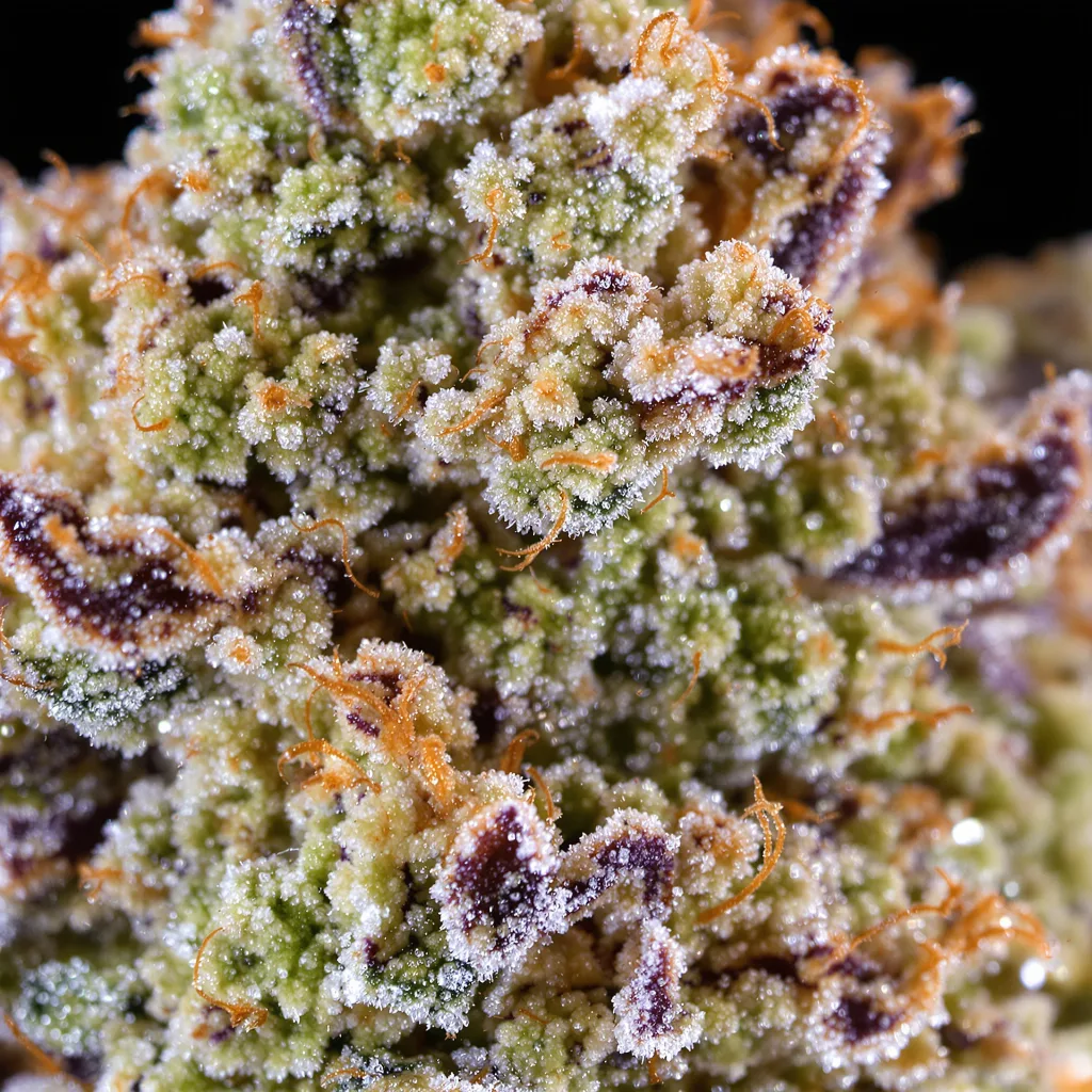 Primer plano de cogollo de cannabis Bubbleberry mostrando estructura equilibrada con tricomas escarchados