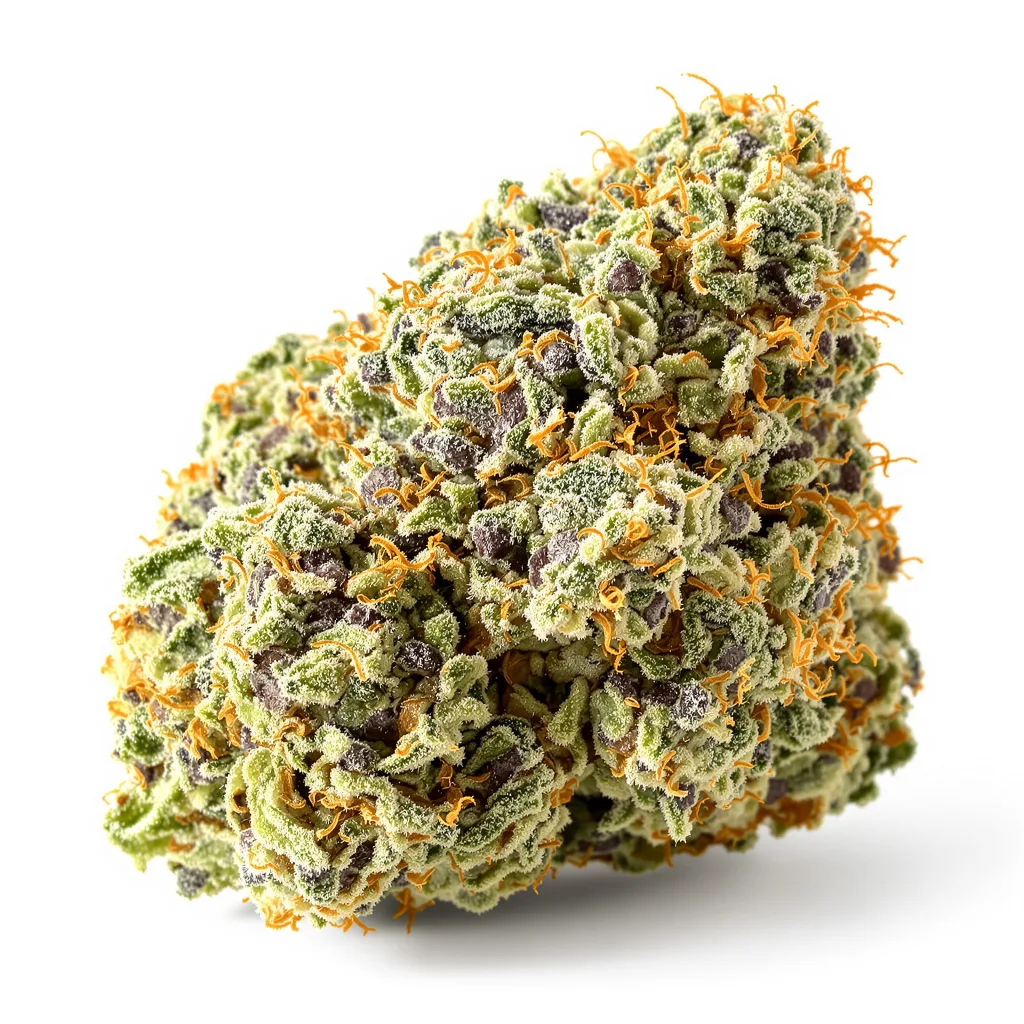 Bubbleberry 50% indica / 40% sativa — flor con tricomas visibles