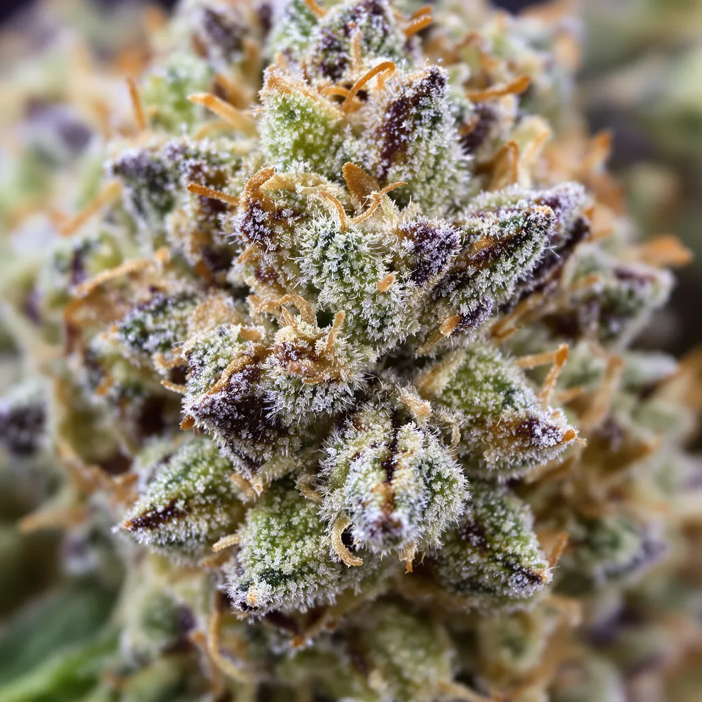 Primer plano de cogollo de cannabis Bubblegum mostrando estructura equilibrada con tricomas escarchados