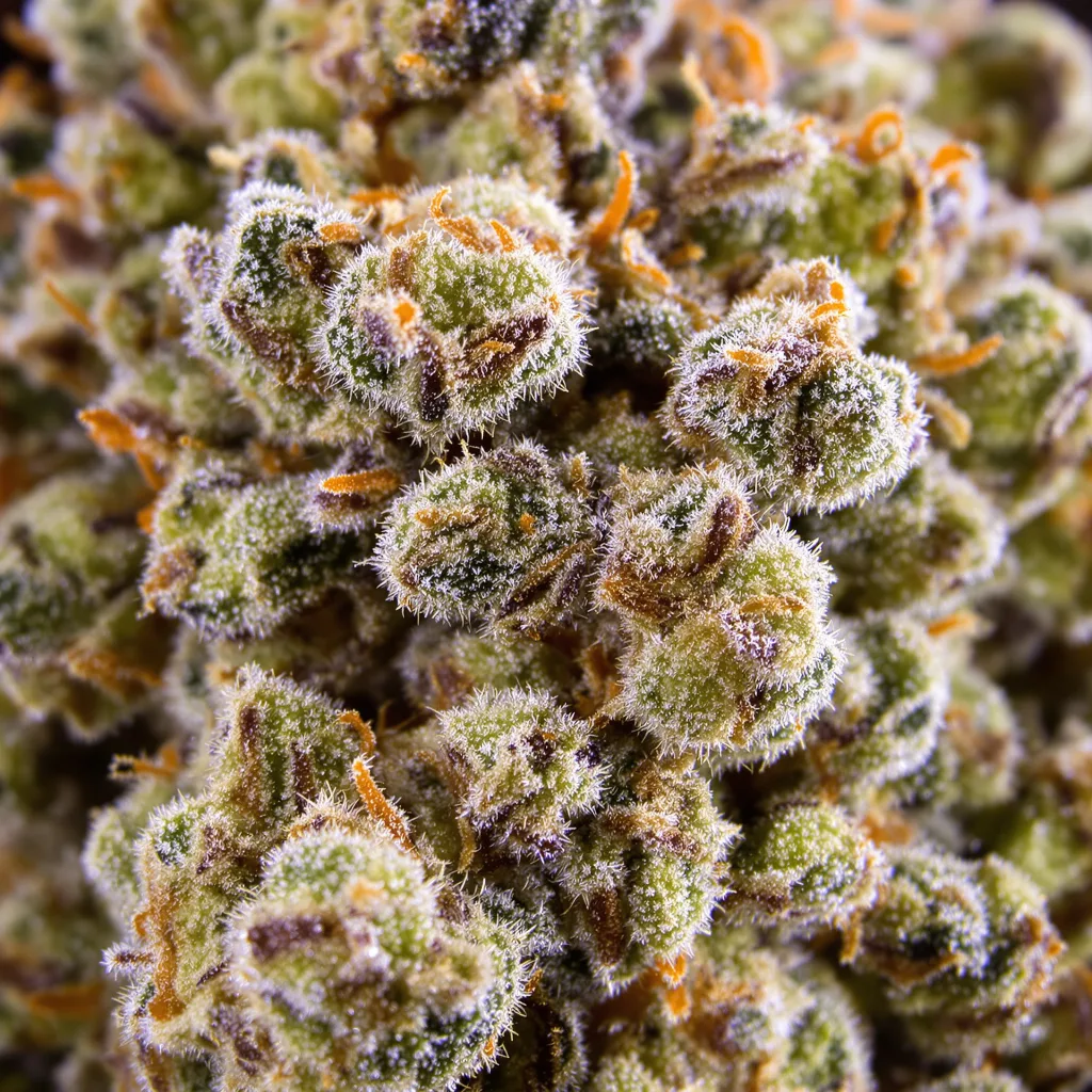 Primer plano de cogollo de cannabis Bubblegum mostrando estructura equilibrada con tricomas escarchados