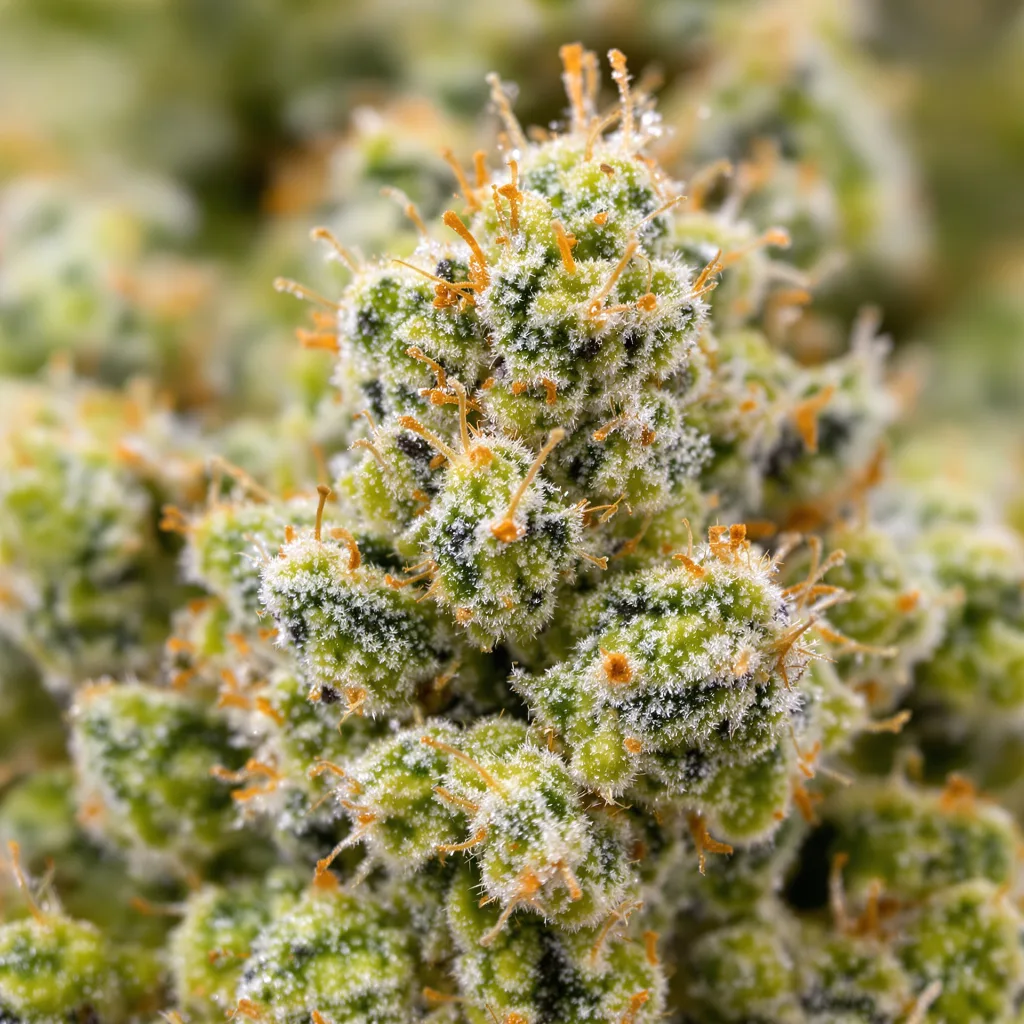 Primer plano de cogollo de cannabis Bubblegum Haze mostrando estructura aireada verde lima