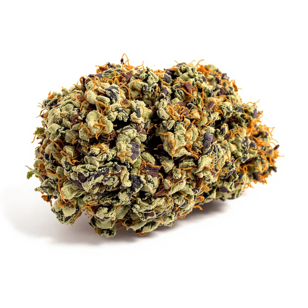 Bubblegum Kush 80% indica / 20% sativa — flor con tricomas visibles