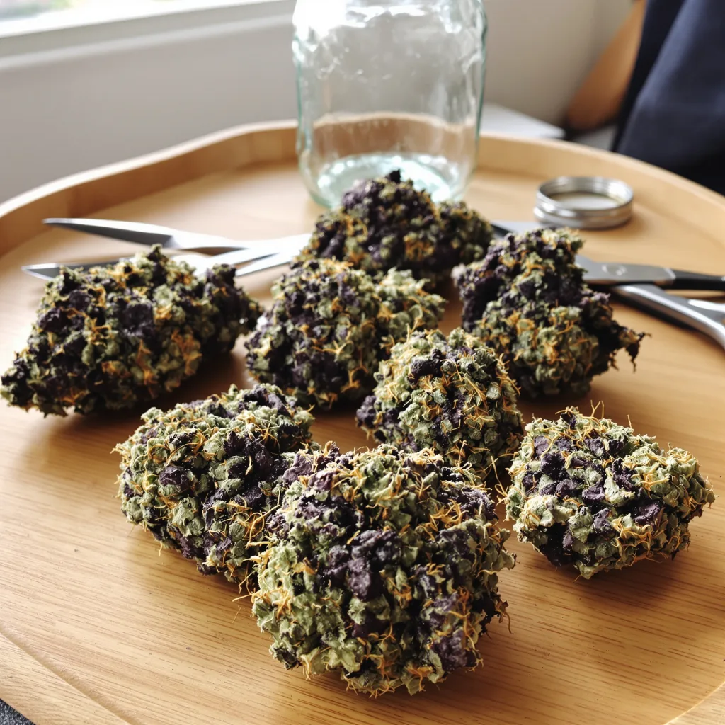 Buckeye Purple 76% indica / 24% sativa — flor con tricomas visibles