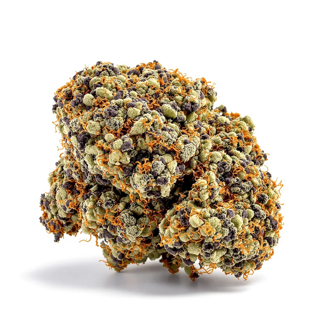 Buckeye Purple 76% indica / 24% sativa — flor con tricomas visibles