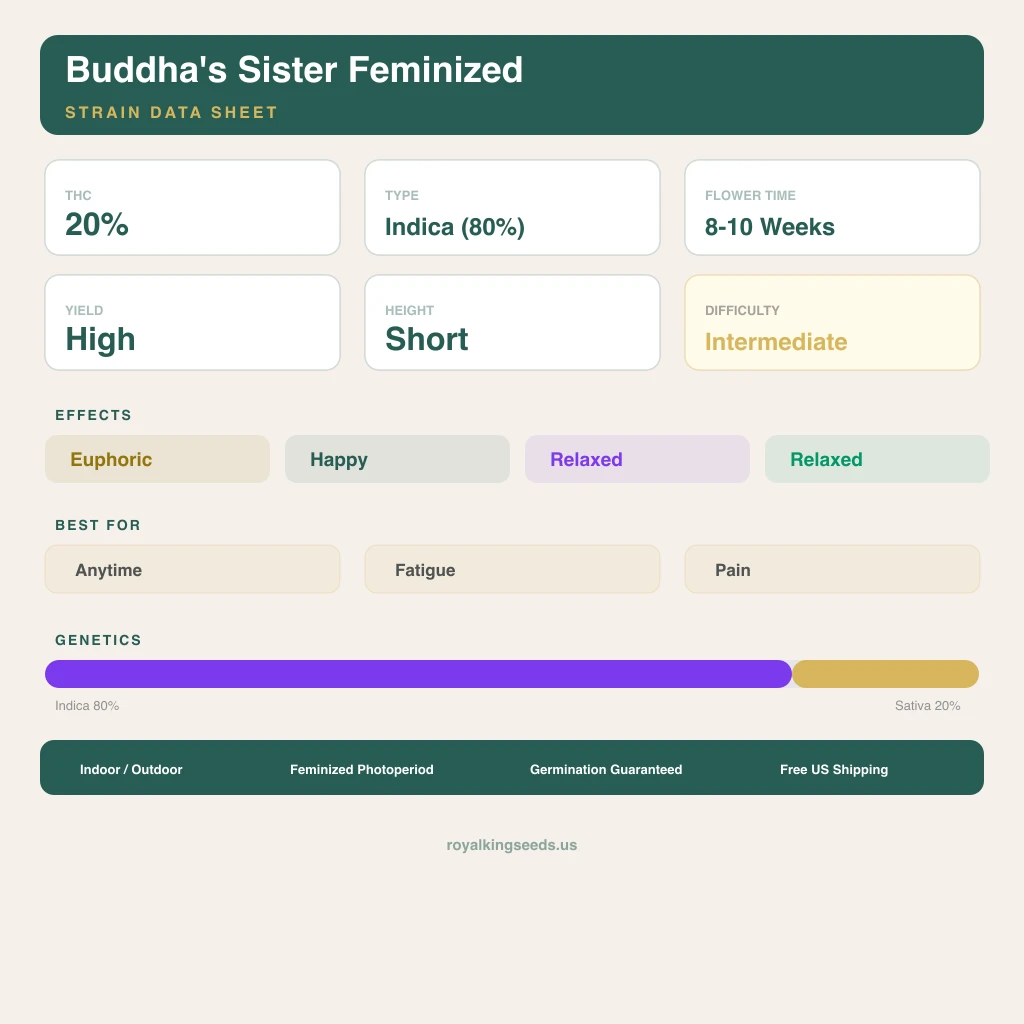 Buddha's Sister 80% indica / 20% sativa — flor con tricomas visibles