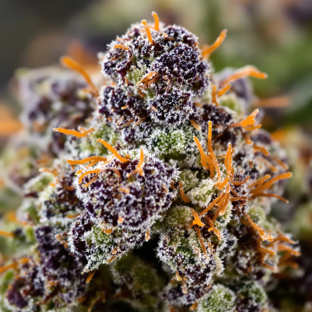 Primer plano de cogollo de cannabis Buddha's Sister mostrando cálices densos con tonos morados