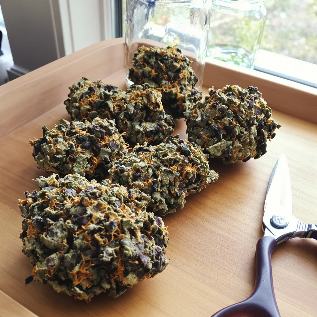 Buddha Tahoe 100% indica / 50% sativa — flor con tricomas visibles