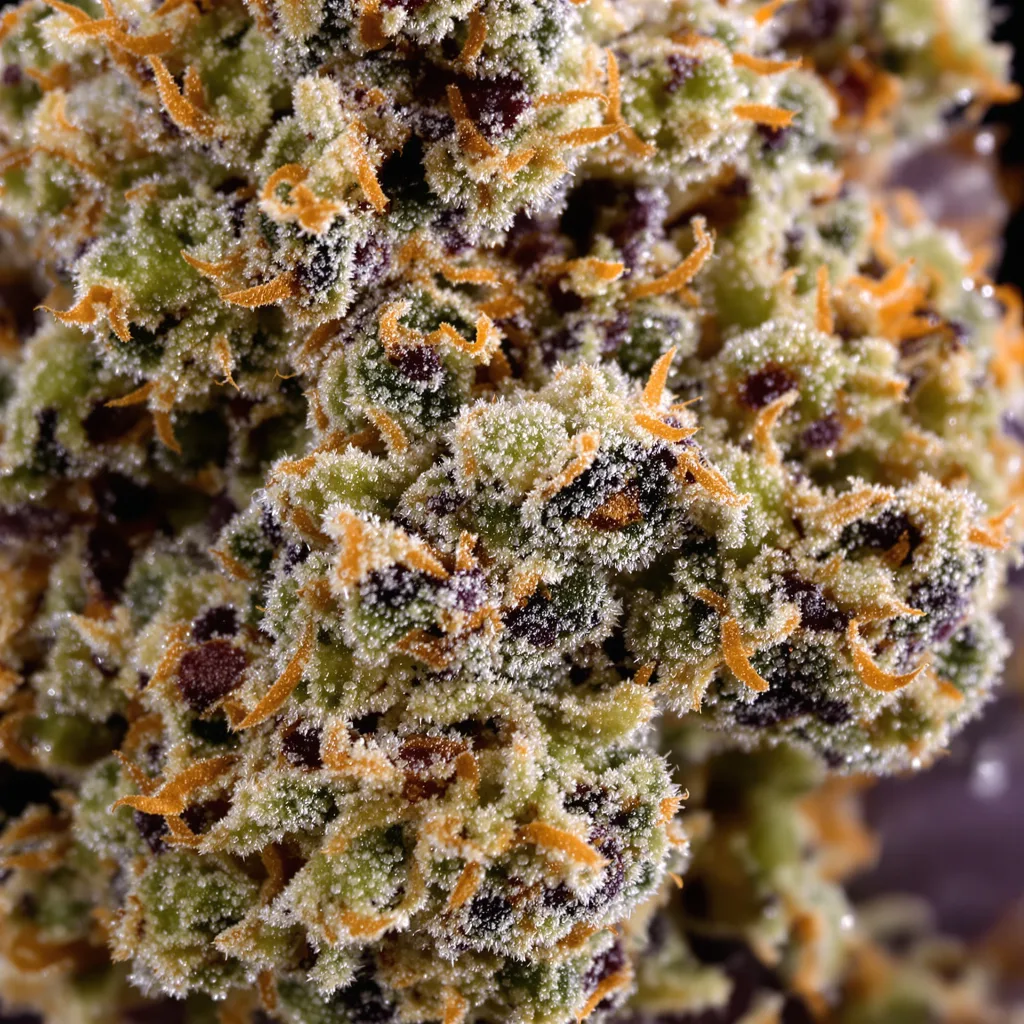 Primer plano de cogollo de cannabis Buddha Tahoe mostrando cálices densos con tonos morados