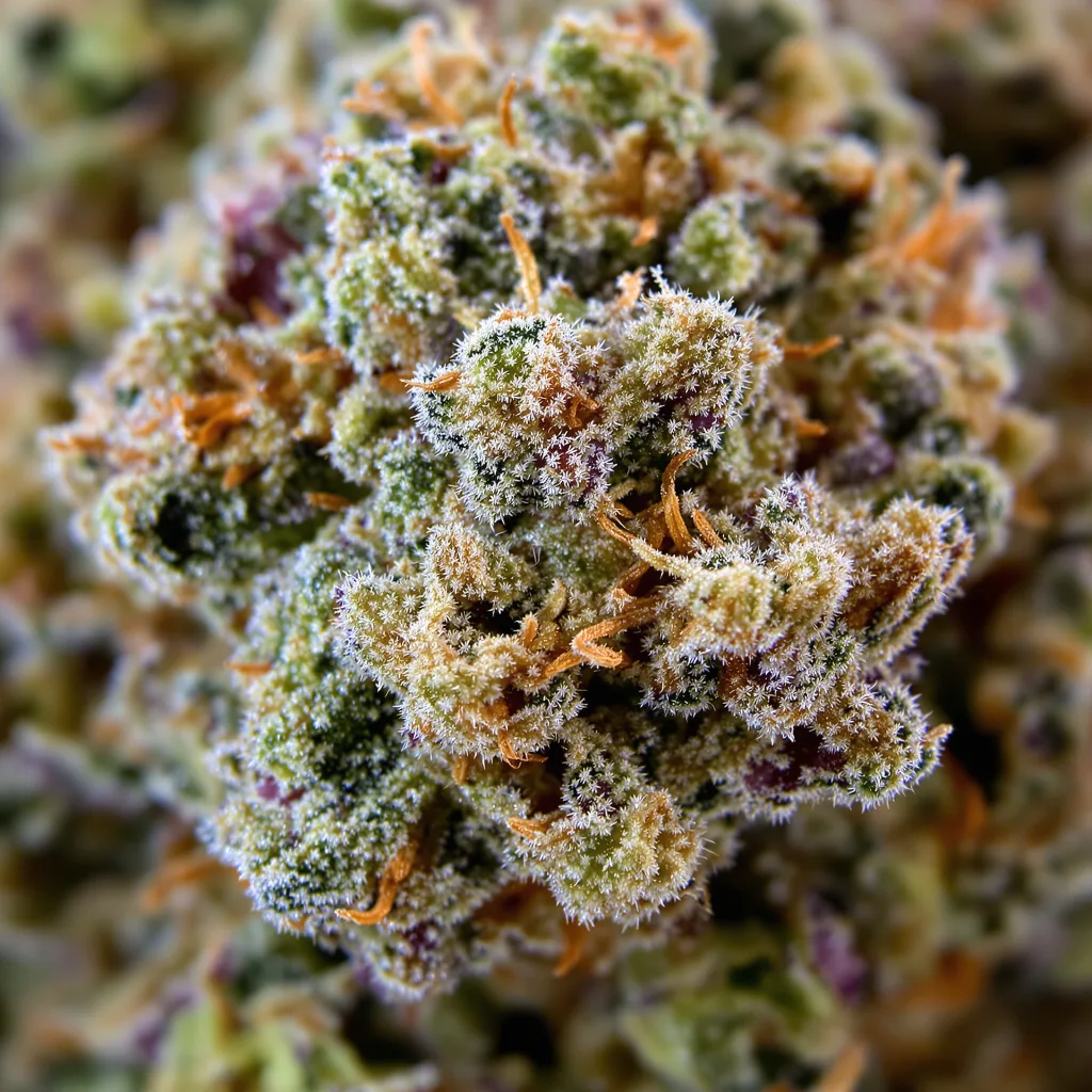 Primer plano de cogollo de cannabis Bugatti mostrando cogollos densos verde bosque