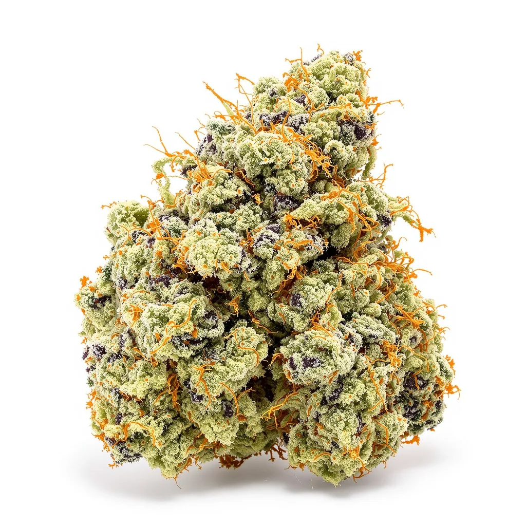Bugatti 64% indica / 36% sativa — flor con tricomas visibles