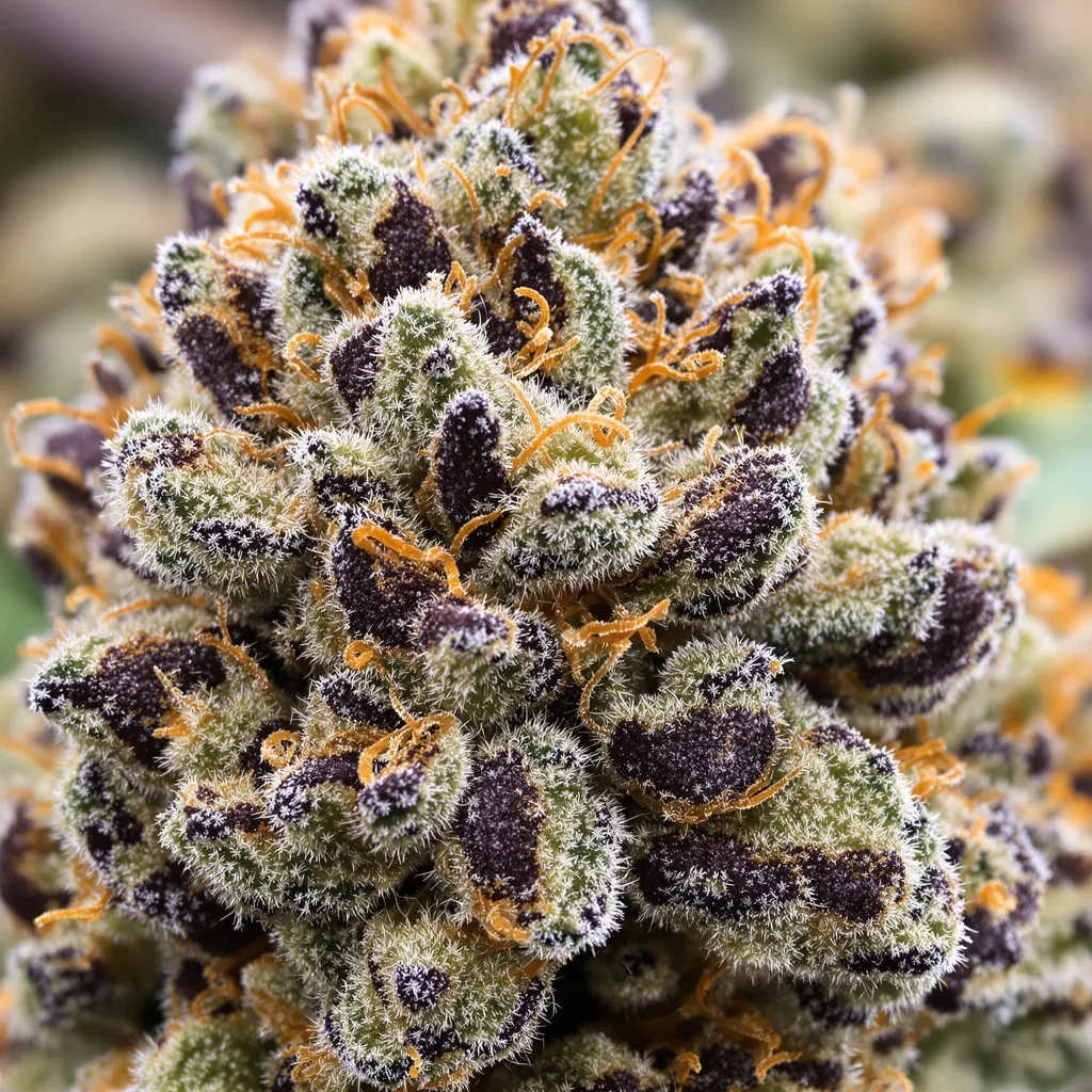 Primer plano de cogollo de cannabis Burkle mostrando cálices densos con tonos morados