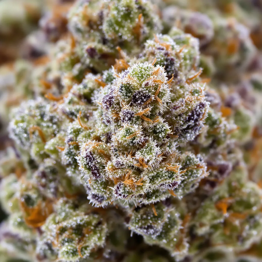 Primer plano de cogollo de cannabis Burmese Kush mostrando estructura equilibrada con tricomas escarchados