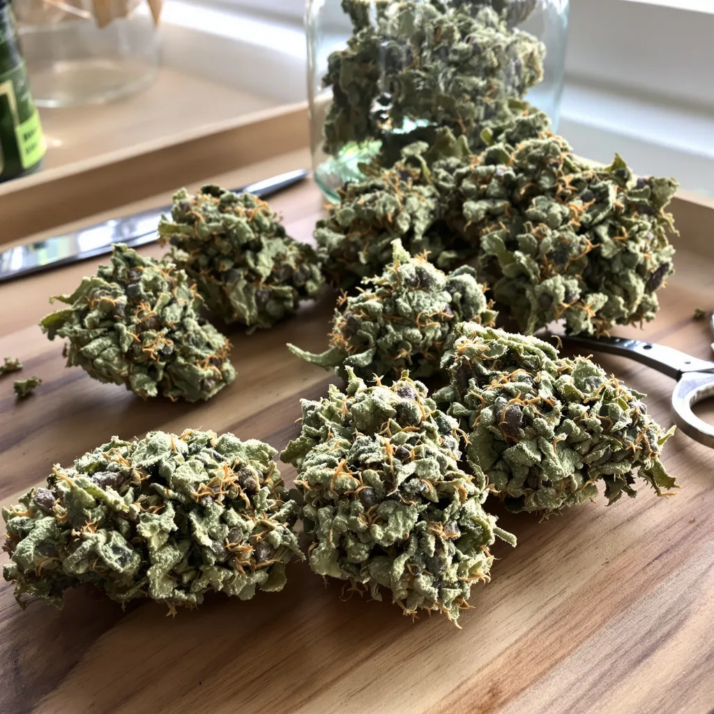 Burmese Kush 50% indica / 50% sativa — flor con tricomas visibles