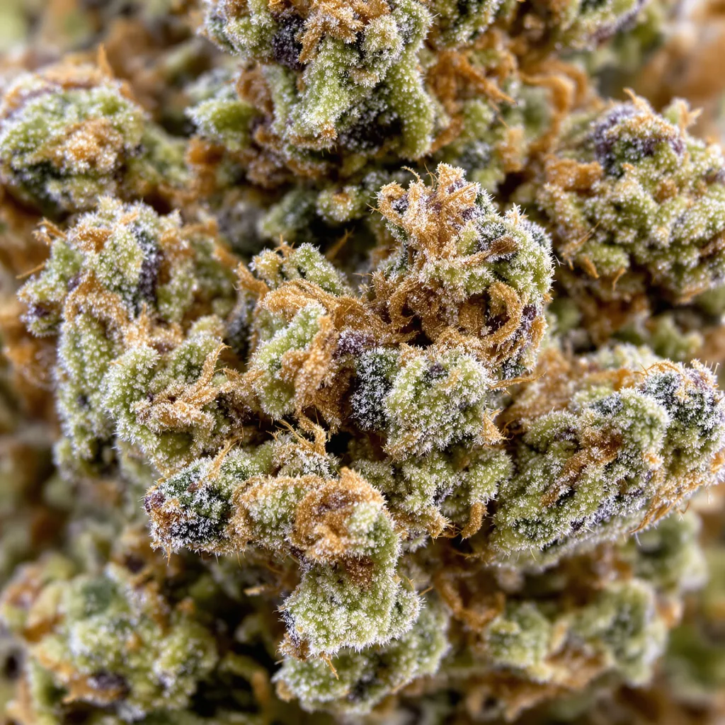 Primer plano de cogollo de cannabis Burmese Kush mostrando estructura equilibrada con tricomas escarchados