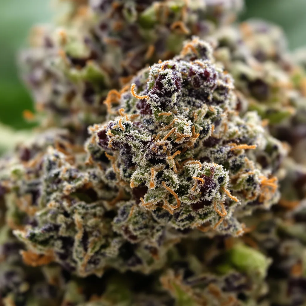 Primer plano de cogollo de cannabis Butter OG mostrando cálices densos con tonos morados