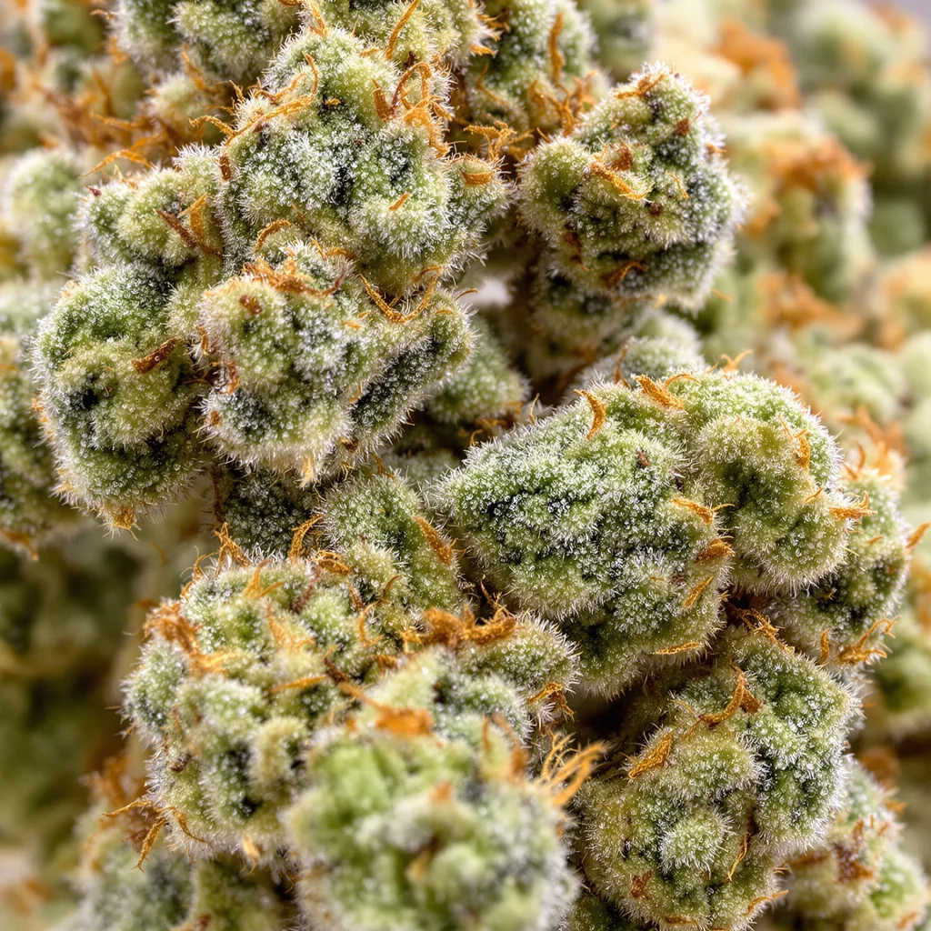 Primer plano de cogollo de cannabis Butterscotch mostrando estructura aireada verde lima