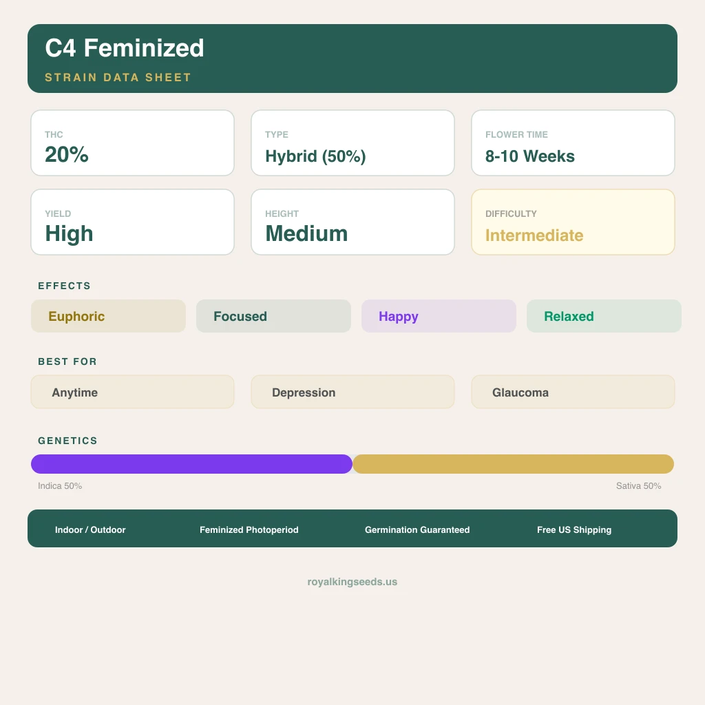 C4 50% indica / 50% sativa — flor con tricomas visibles