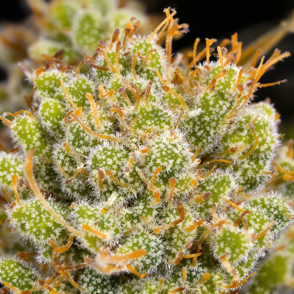 Primer plano de cogollo de cannabis Cactus mostrando estructura aireada verde lima