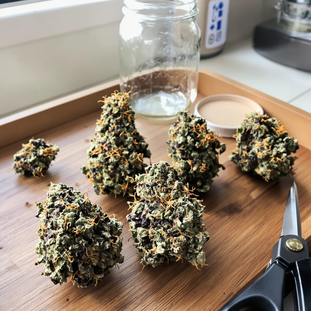 Caffeine Bomb 66% indica / 34% sativa — flor con tricomas visibles