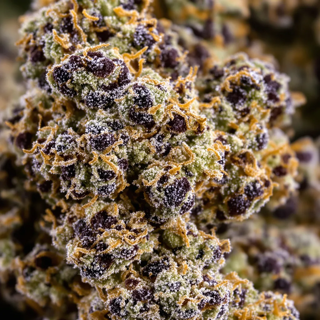 Primer plano de cogollo de cannabis Caffeine Bomb mostrando cálices densos con tonos morados
