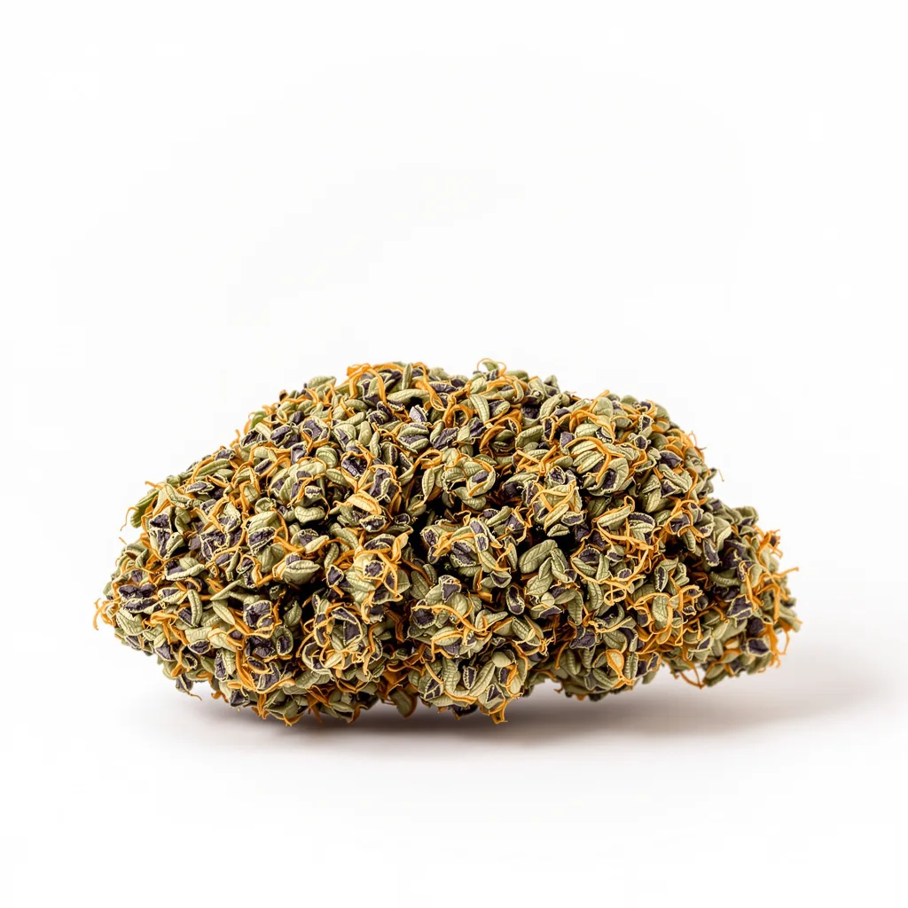 Caffeine Bomb 66% indica / 34% sativa — flor con tricomas visibles