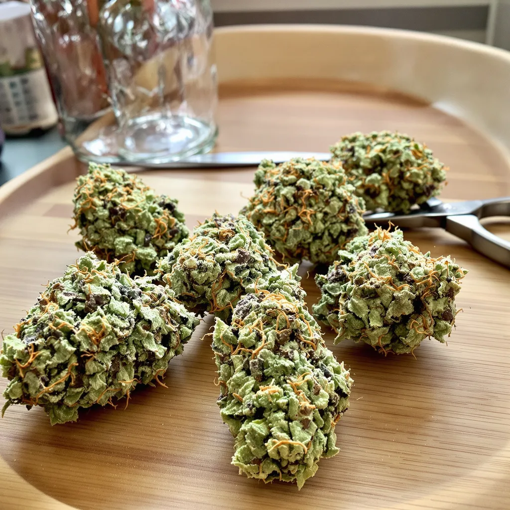 Cake Bomb 44% indica / 56% sativa — flor con tricomas visibles