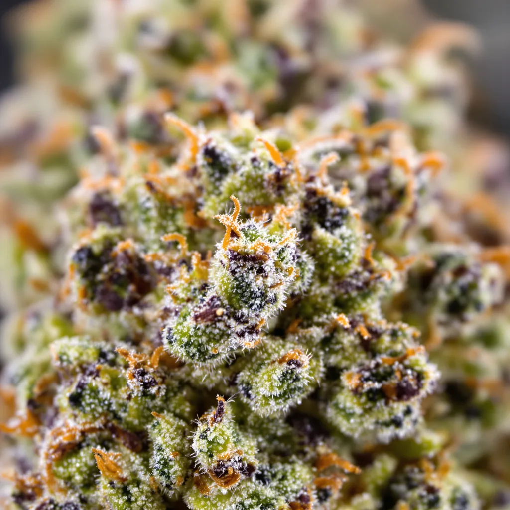 Primer plano de cogollo de cannabis Cake Bomb mostrando estructura equilibrada con tricomas escarchados